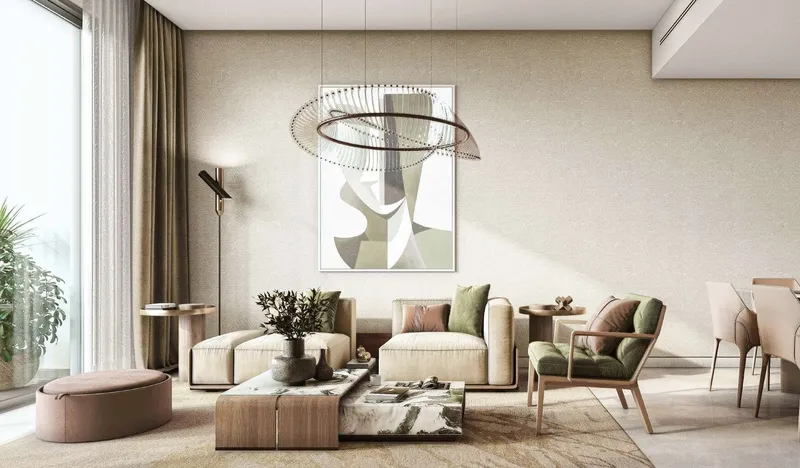 Living area in an apartment at The Woods Abode with pale upholstery, a sculptural pendant light and full-height curtains