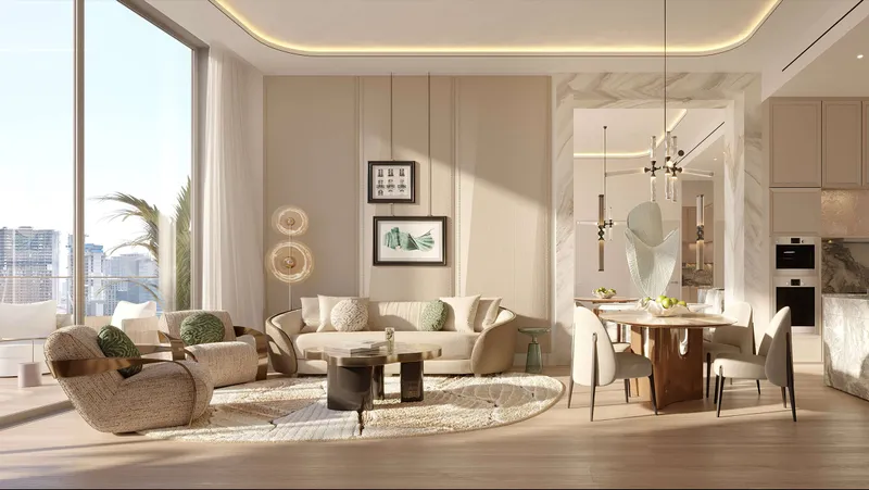 Living and dining room in a Sofitel Residences Dubai City View apartment with Downtown views