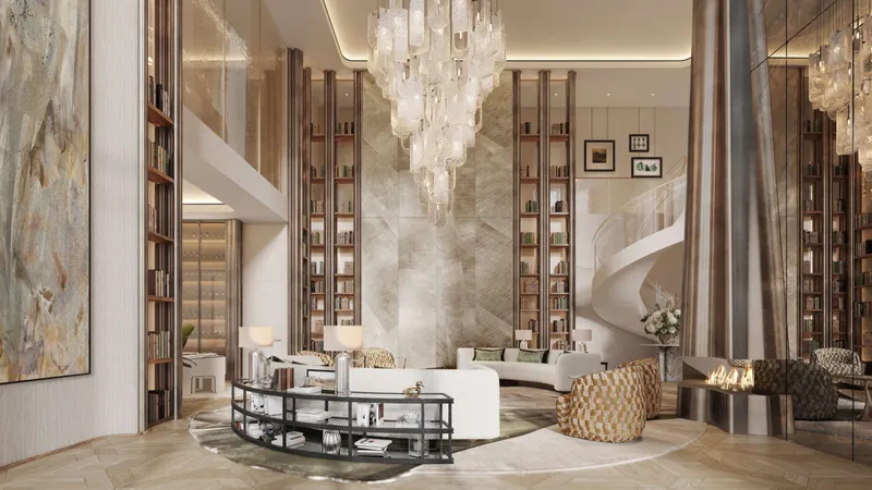 Penthouse living room with a large chandelier, full-height bookshelves and a spiral staircase
