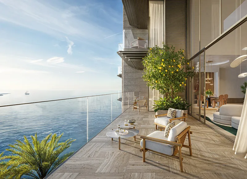 Outdoor room on the terrace of a four bedroom duplex at Solaya, shaded and furnished as an extension of the living space