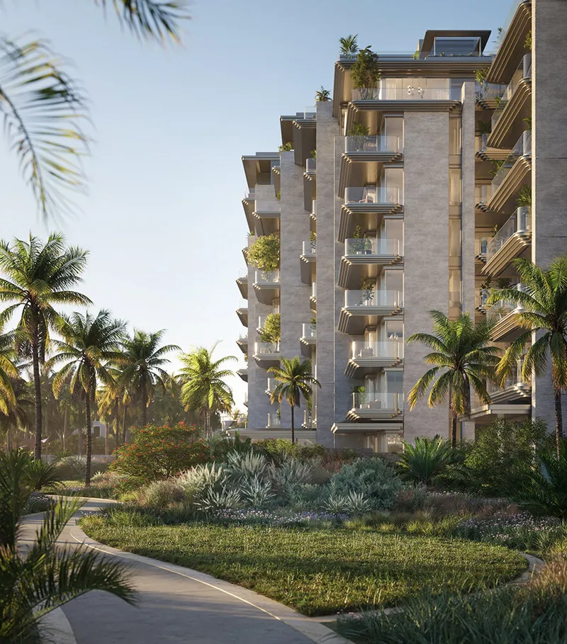 Close interior view at Solaya showing the refined materials, marble detail and timber joinery used through the residences