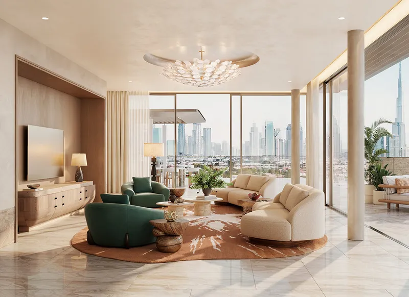 Penthouse living room at Solaya with expansive glazing, high ceilings and 1508 London interiors