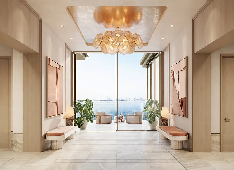 Penthouse terrace at Solaya with a private infinity pool and views over the Arabian Gulf and the Dubai skyline