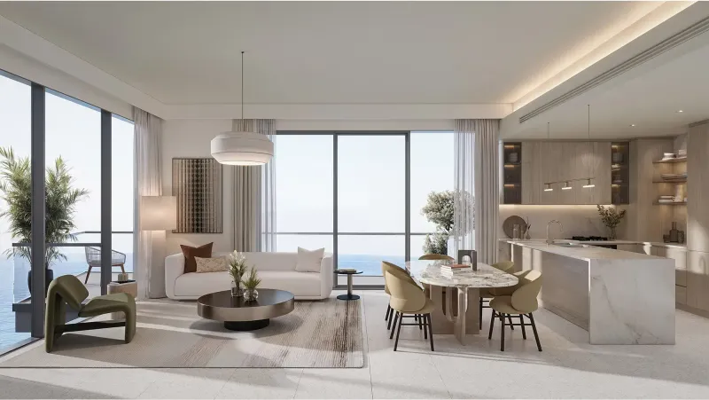 Living and kitchen render in a Solera apartment by RAK Properties, with sea view