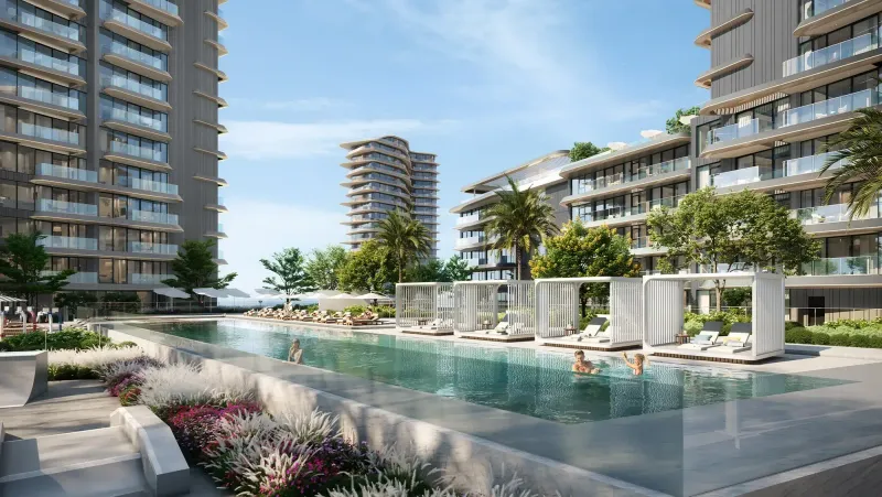 The lap pool and cabana deck at Solera by RAK Properties
