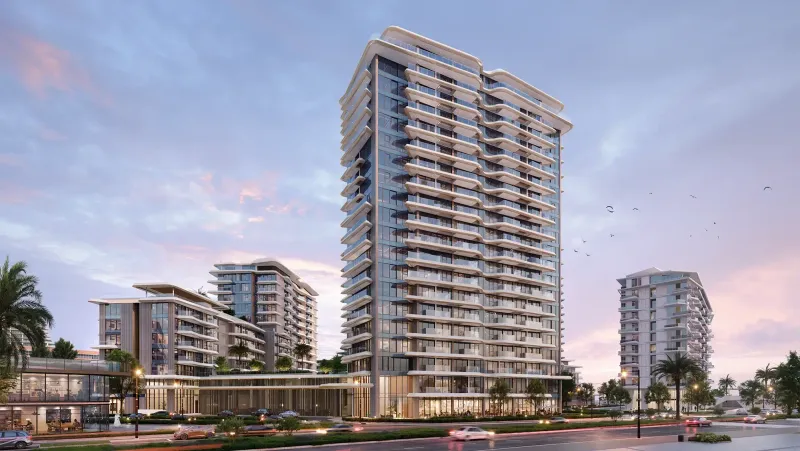Solera by RAK Properties, render of the three buildings at dusk, Downtown Mina, Ras Al Khaimah