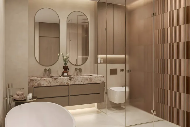 Bathroom at SOMA Residences with a double stone vanity, freestanding bath and a walk-in shower