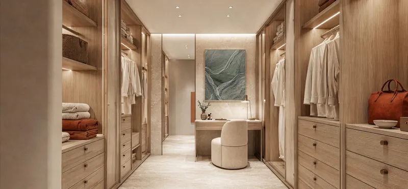 Walk-in dressing room at SOMA Residences with timber joinery, drawers and a seated vanity