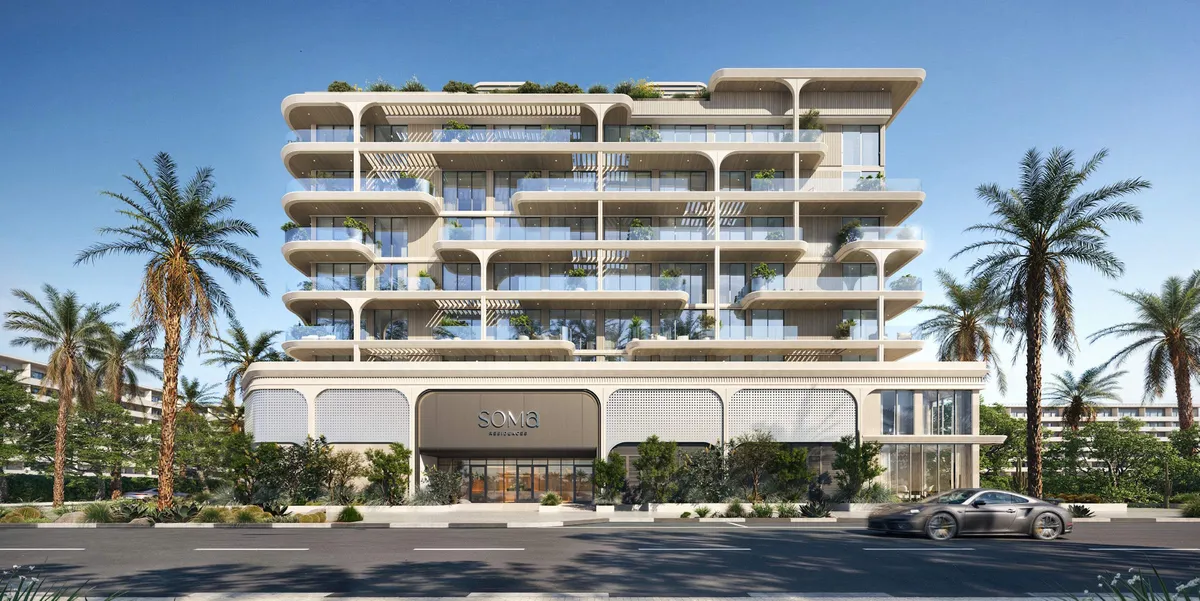 Street elevation of SOMA Residences on Dubai Islands, an eight-storey building with a signed lobby entrance at ground level
