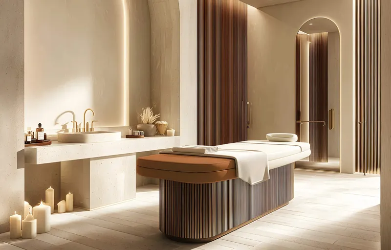 Treatment room at SOMA Residences with a massage table, stone basin and candles