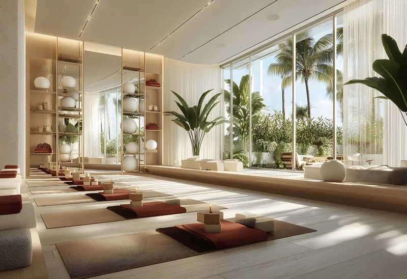 Yoga studio at SOMA Residences with mats, bolsters, a mirrored wall and garden views