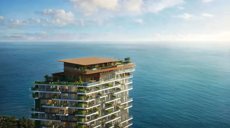 Crown of a Soulever tower with planted terraces above the Arabian Gulf