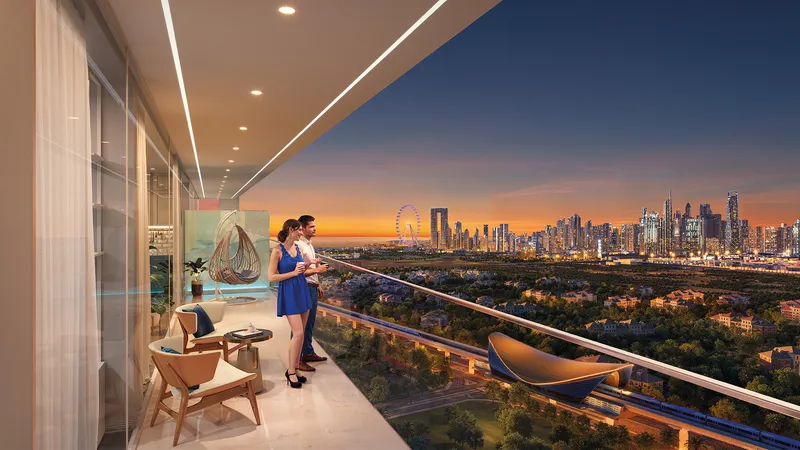Balcony at Sparklz by Danube looking toward Ain Dubai and the Dubai Marina skyline at dusk