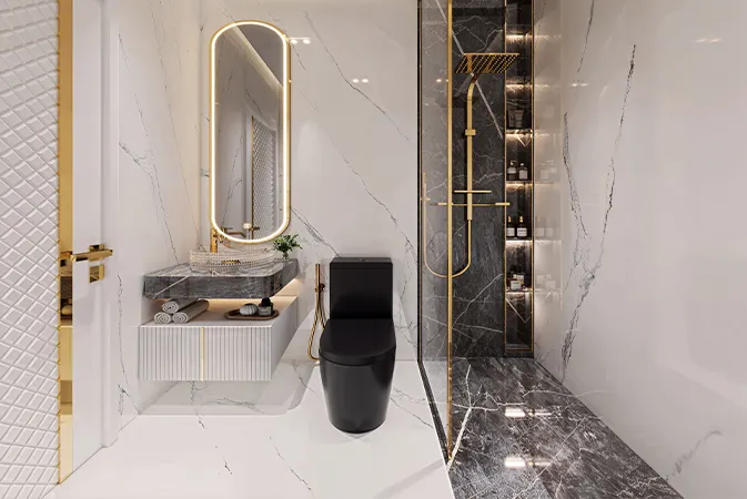 Bathroom at Sparklz by Danube in veined marble with gold fittings