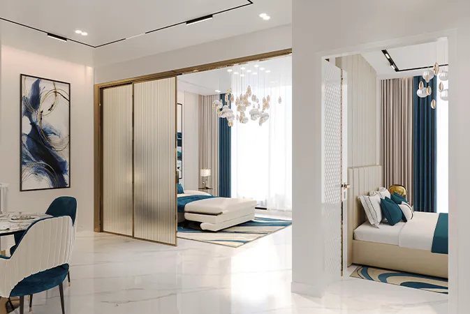 Convertible apartment at Sparklz by Danube, with sliding glass partitions opening the bedroom to the living room