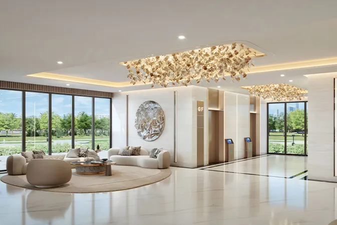 Marble lobby at Sparklz by Danube with a sculpted chandelier and garden views
