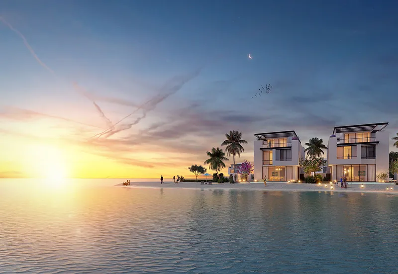 Sun Island villas on the waterfront at sunset