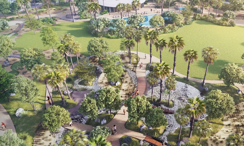 Aerial render of the central park and landscaped trail at Sunrise Valley, Nad Al Sheba