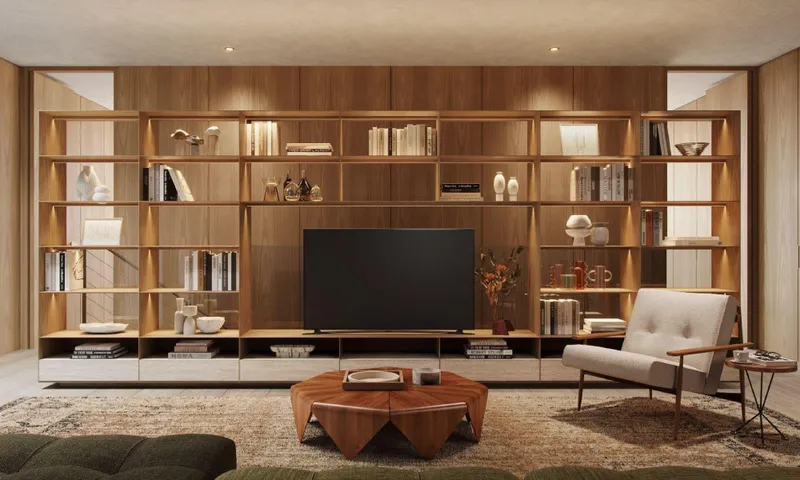 Living room with full-height timber joinery in a Sunrise Valley home