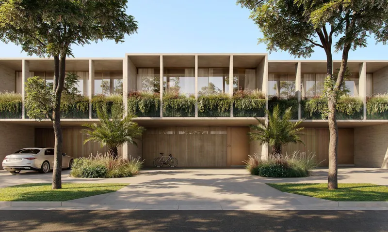 Sunrise Valley in Nad Al Sheba: render of the street elevation of the homes, with deep-set terraces and planted frontages