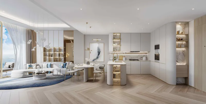 Open-plan kitchen and dining area at Sunset Bay Grand by Imtiaz