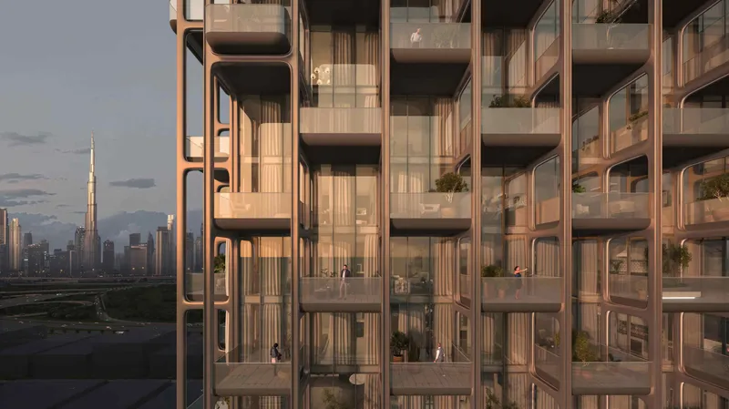 Framed balconies on the facade of The Symphony by Imtiaz