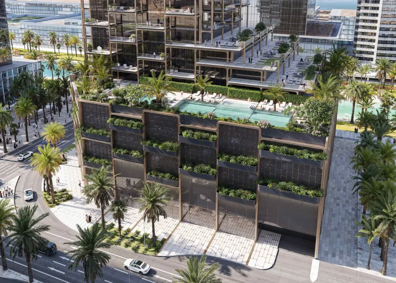 Aerial view of The Symphony podium with landscaped terraces