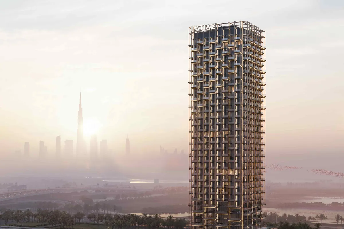 The Symphony by Imtiaz tower in Meydan Horizon with the Downtown Dubai skyline behind