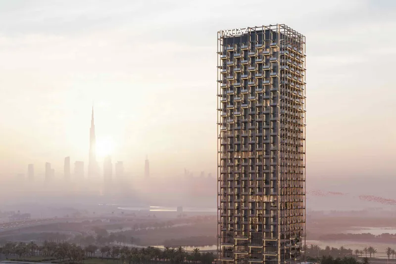 The Symphony by Imtiaz tower in Meydan Horizon with the Downtown Dubai skyline behind