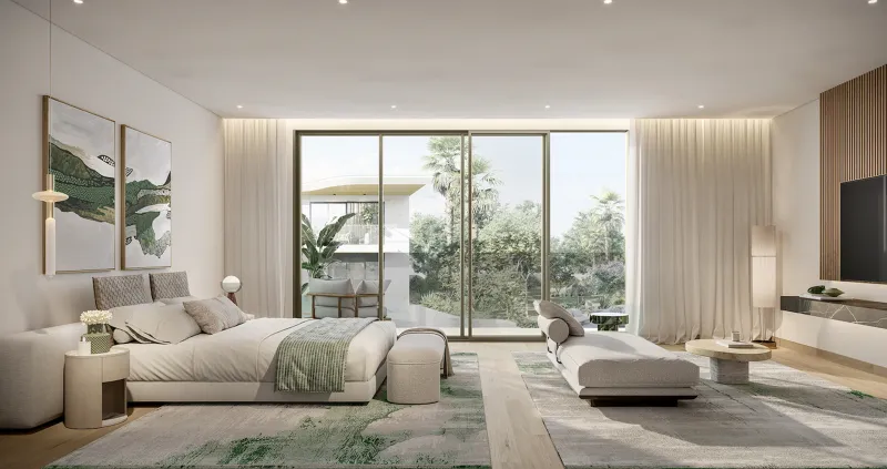 Interior render of a Talay primary bedroom with full-height sliding glazing onto a balcony, a chaise, wall-mounted television and timber flooring