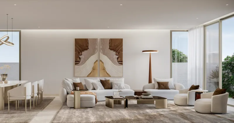 Open-plan living and dining room in a Talay villa