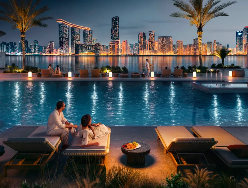 Beach club pool at Marsa Al Saadiyat at dusk