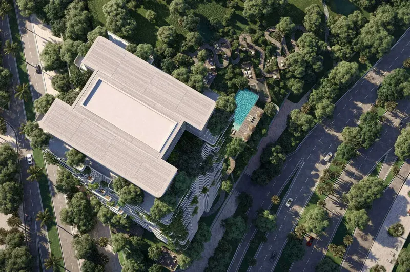Aerial view of the Talea podium, pool and surrounding greenery