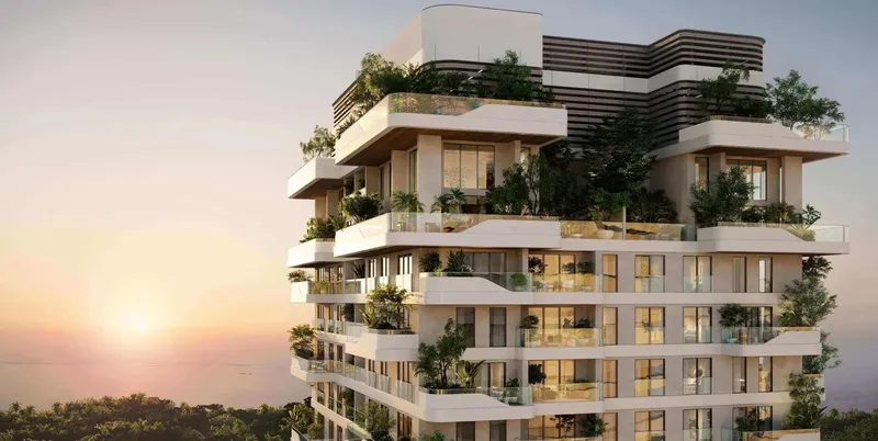 Upper floors of Talea by BEYOND with planted terraces at sunset, Dubai Maritime City
