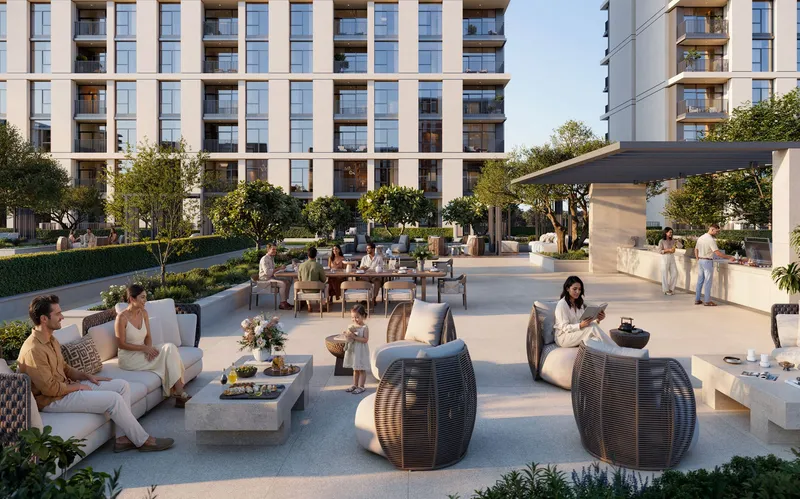 Render of residents in the Terra Woods BBQ courtyard with outdoor seating
