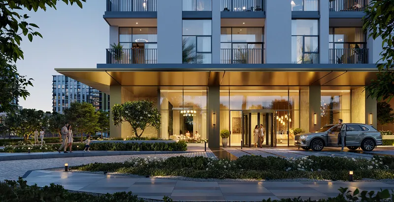 Render of the lit entrance canopy and drop-off at a Terra Woods building