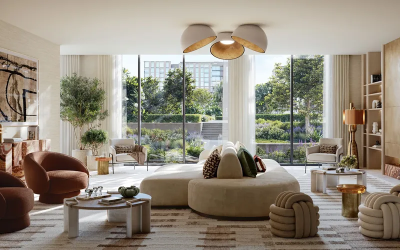 Interior render of a Terra Woods living room with full-height windows onto greenery