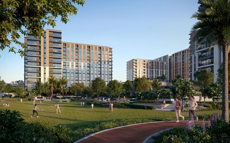Render of a park with a running track between Terra Woods buildings