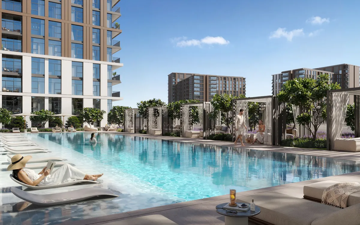 Render of the Terra Woods pool with loungers and shaded pergolas