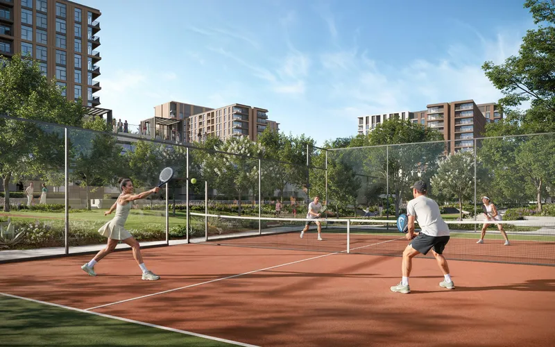 Render of residents playing on a court beside the Terra Woods gardens