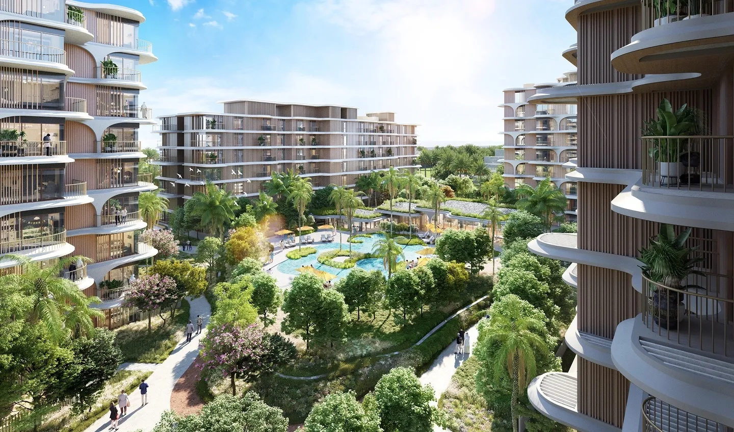 Render of The Beach House on Fahid Island, with mid-rise buildings around a landscaped courtyard and swimming pool