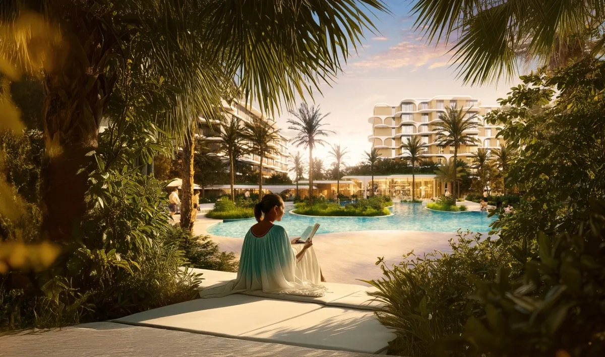 Render of a resort-style pool at The Beach House framed by palms and planting, with residents relaxing by the water