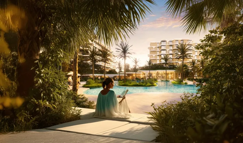 Render of a resort-style pool at The Beach House framed by palms and planting, with residents relaxing by the water