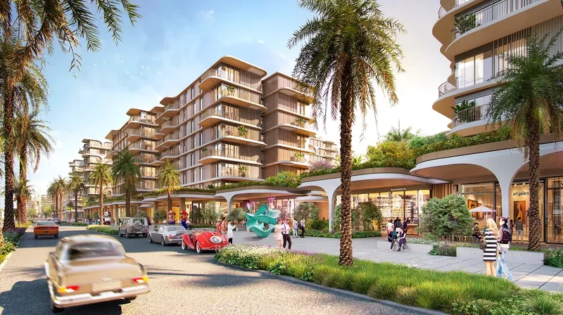 Render of a palm-lined street at The Beach House with shops at ground level and terraced apartment buildings above