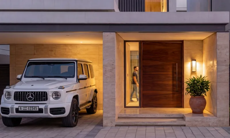 Entrance and covered parking of a five-bedroom courtyard villa at The Brooks