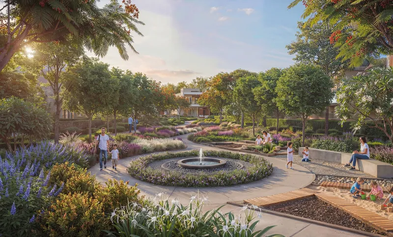Sensory garden with a central fountain and planted beds at Sobha Sanctuary