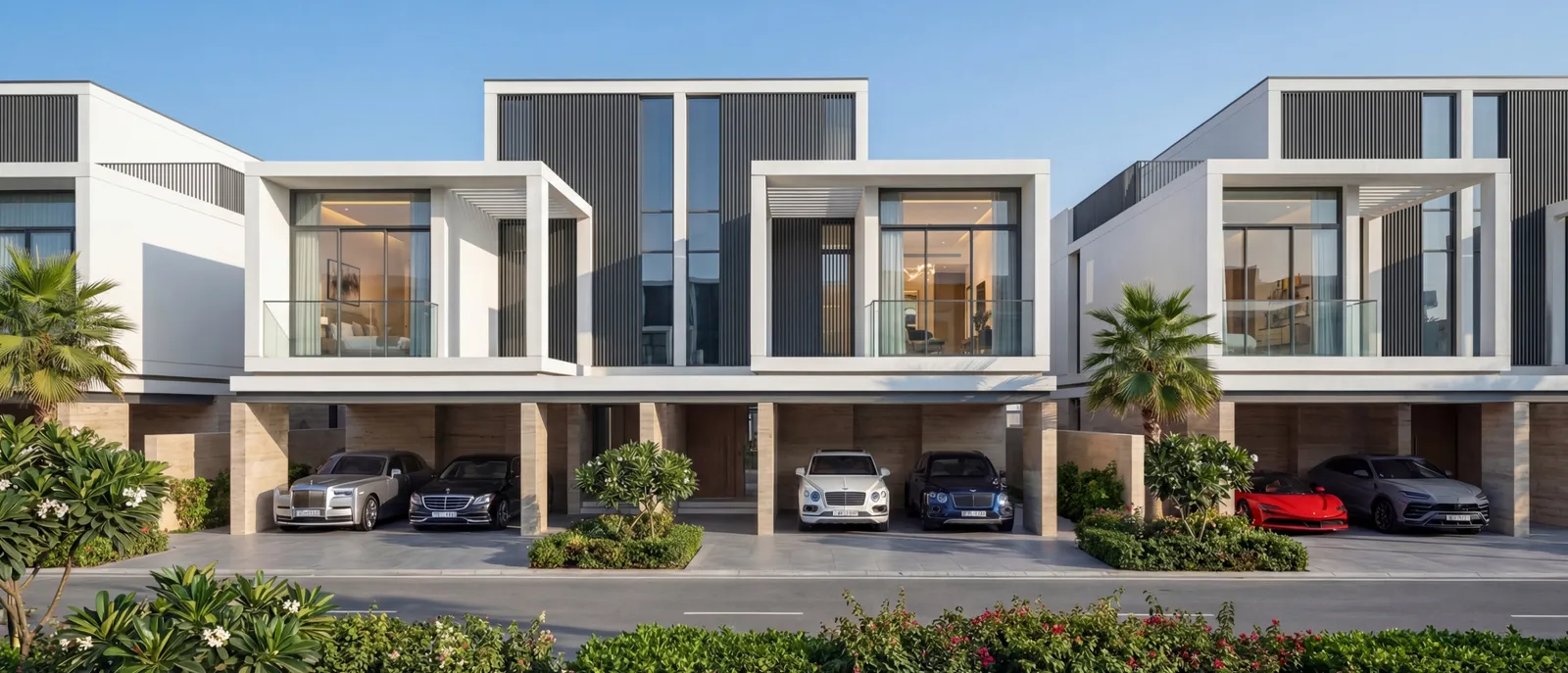 Row of contemporary villas with carports and palm trees at The Brooks, Sobha Sanctuary