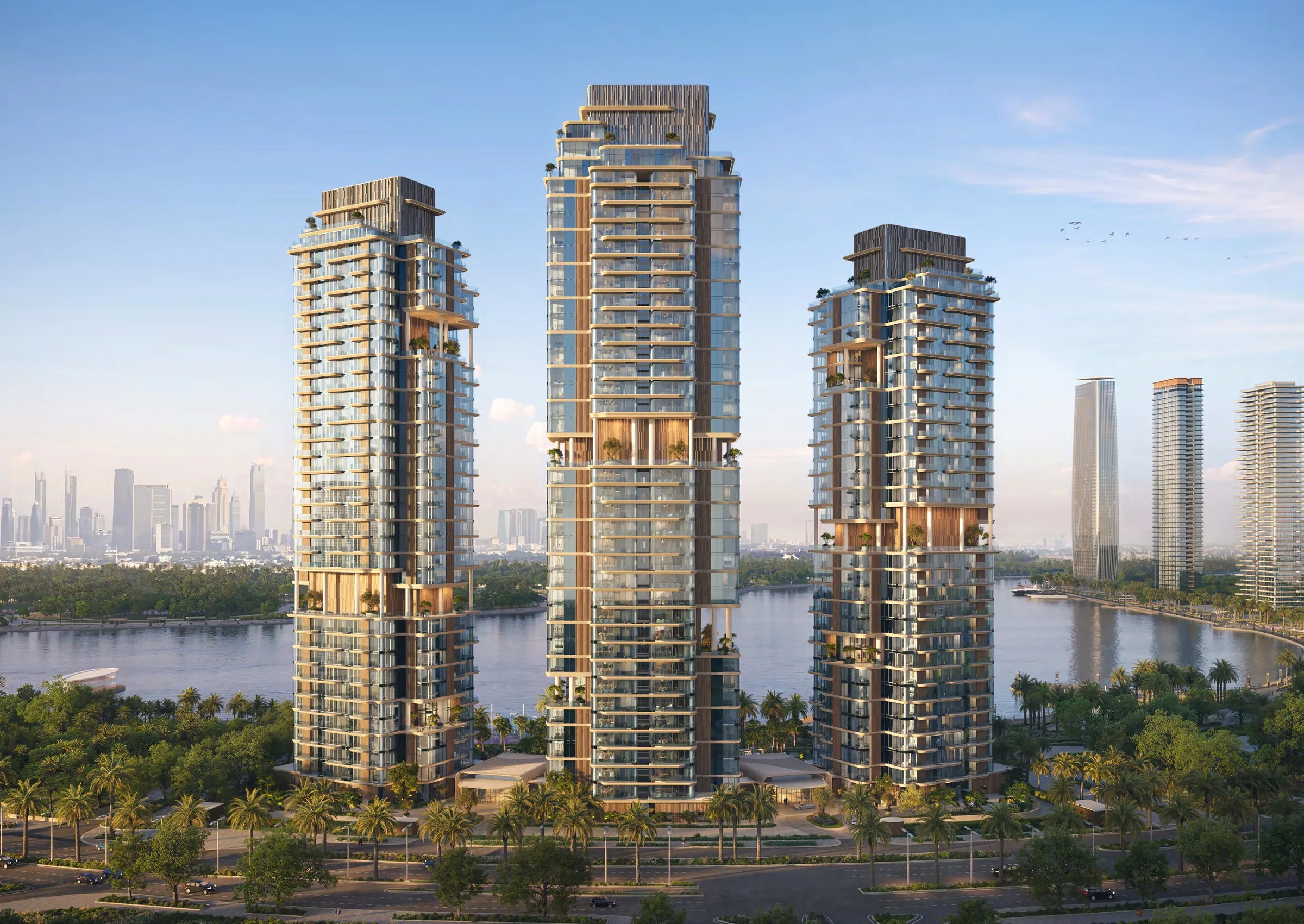 Render of the three towers of The Edit at d3 by Meraas on the Dubai Design District waterfront by day