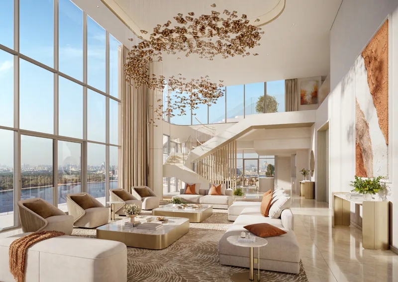 Render of a double-height penthouse living room at The Edit at d3 with a sculptural staircase and chandelier