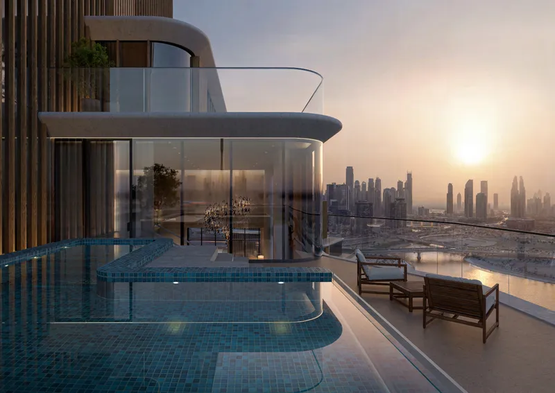 Render of a penthouse terrace with a private pool at The Edit at d3, looking towards the Downtown Dubai skyline at sunset